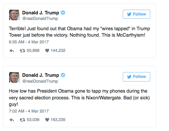 Two of the four tweets published that are Trumps accusations. courtesy of nrp.org