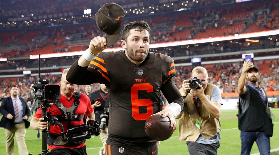CLEVELAND, OH - SEPTEMBER 20:  Baker Mayfield #6 of the Cleveland Browns runs off the field after a 21-17 win over the New York Jets at FirstEnergy Stadium on September 20, 2018 in Cleveland, Ohio. (Photo by Joe Robbins/Getty Images)