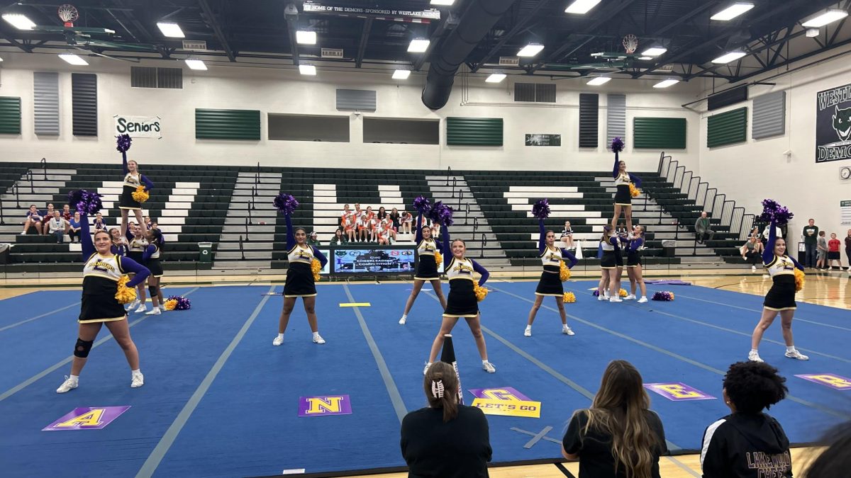 Lakewood Cheer perseveres in the "Fight-Song" routine in their performance at the CWC Cheer Competition.