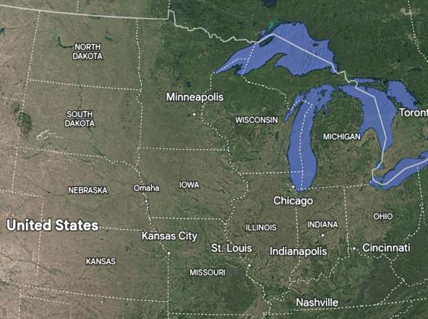 Satellite view of the Midwest region and its borders.
-Google Earth