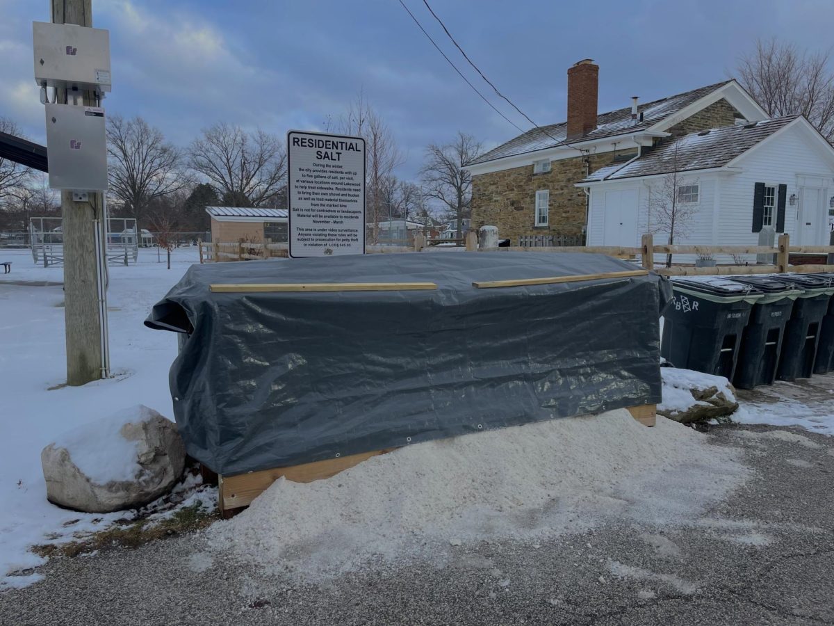 Free residential salt bin located at Lakewood Park, providing citizens with rock salt to keep driveways and sidewalks clear. 