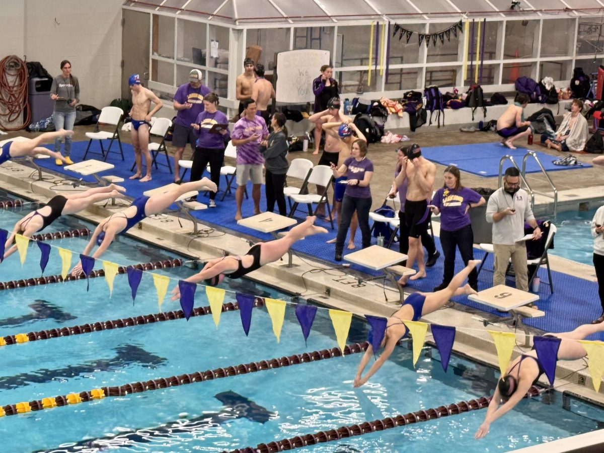 High school girls swimmers diving off the blocks.