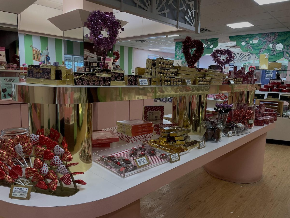 Valentine’s candy selection at Malley's on Madison Ave, decorative hearts adorn the store 