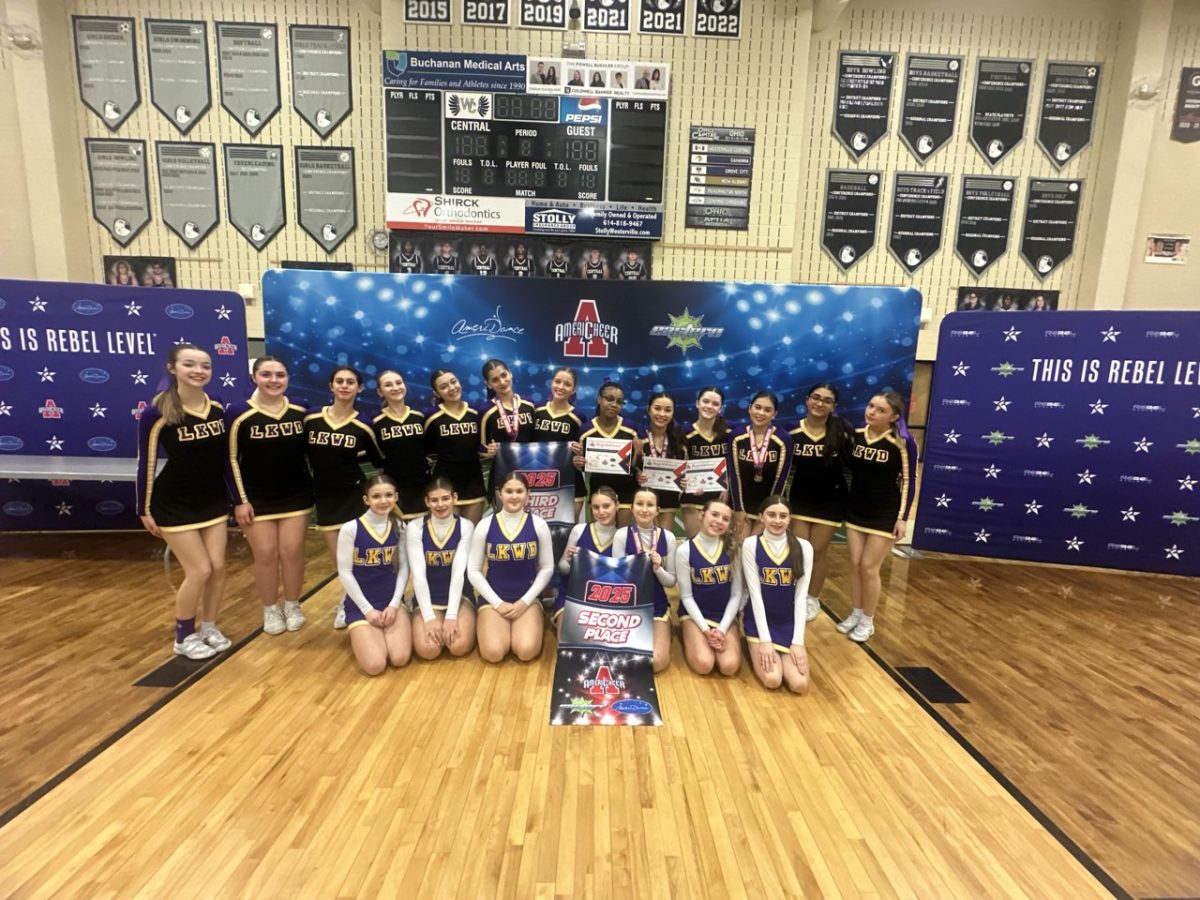 Lakewood Cheer celebrates the high school team's third place in the varsity tumbling and stunting division, the middle school team's second place in their division, and the individual awards won.