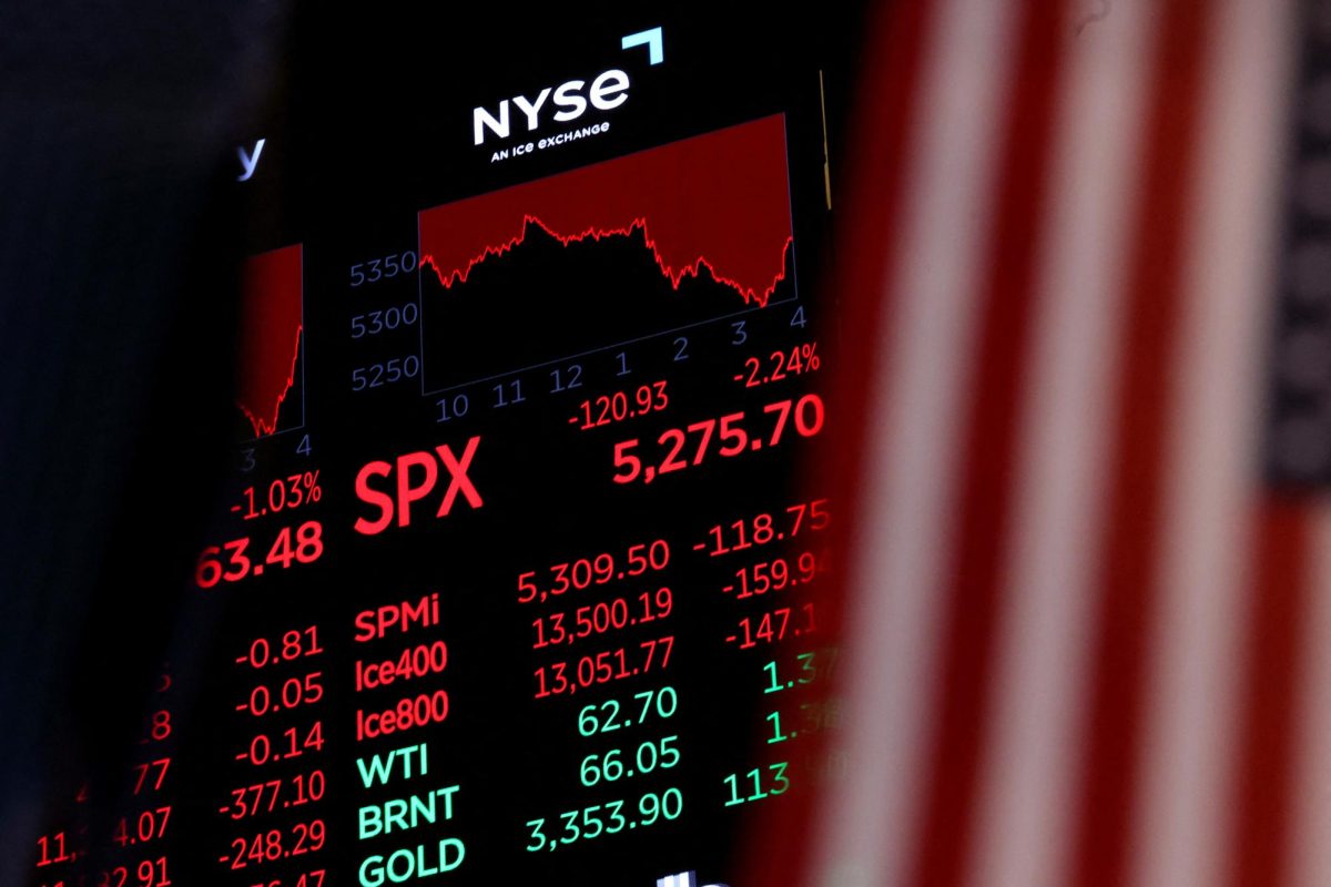 A screen displays the S&P Index after the closing bell on the floor at the New York Stock Exchange (NYSE) in New York City, U.S., April 16, 2025.  REUTERS/Brendan McDermid