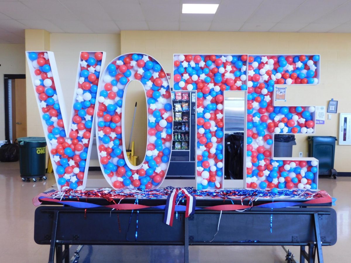 A vote sign used to decorate the cafeteria and add some fun to the celebration of voting. 