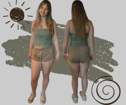 Delia's first outfit features an olive green tank top paired with khaki colored shorts. Delia's accessories include her necklace stack that she always wears. Photo credit: Madison Twining