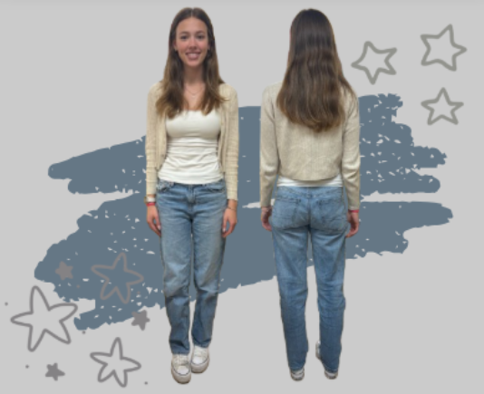 Riley's first outfit consists of a tan cardigan paired with a white undershirt and blue jeans. Riley's accessories include necklaces and white Nike shoes. Photo credit: Madison Twining