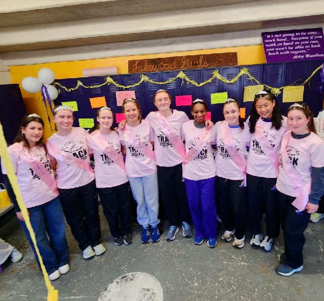 Left to Right: Katie Jirousek, Shannon Katzenberger, Anna Dason, Brianna Lehman, Ava Cuffari, Charieon Doxley, Josie Kavc, Mae Mohar, and Ava Watz were decked out in senior gear. Photo credit: Adam Swiat