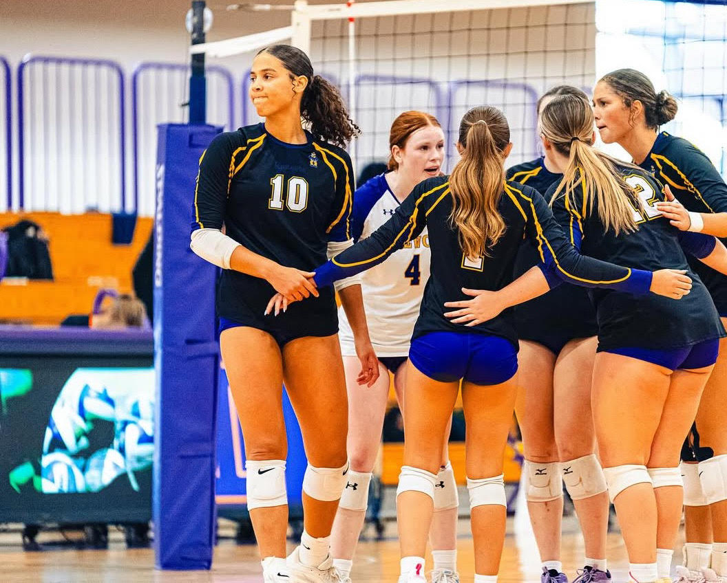 Lakewood girls volleyball team celebrating a won set.