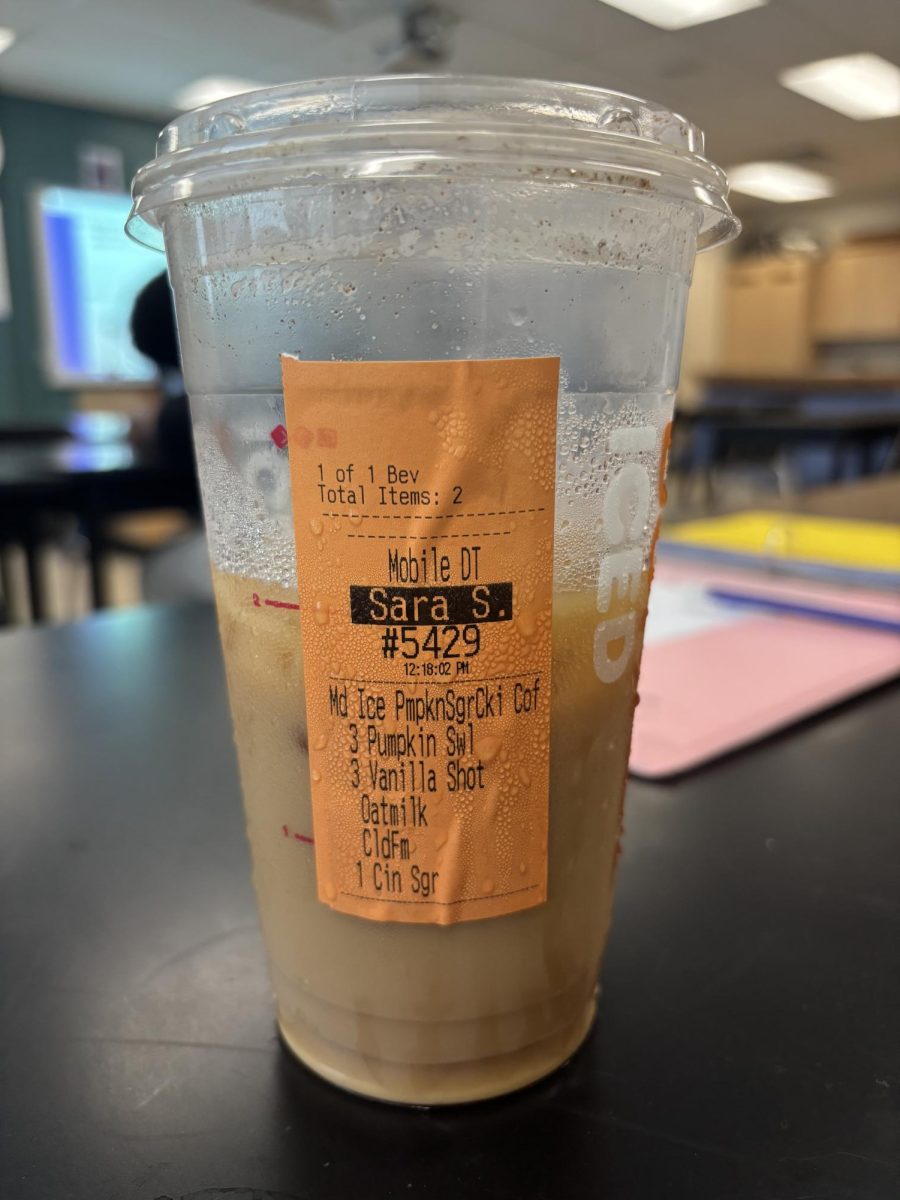 Sara Suraces' cup of iced coffee that was mobilely ordered and brought from lunch.