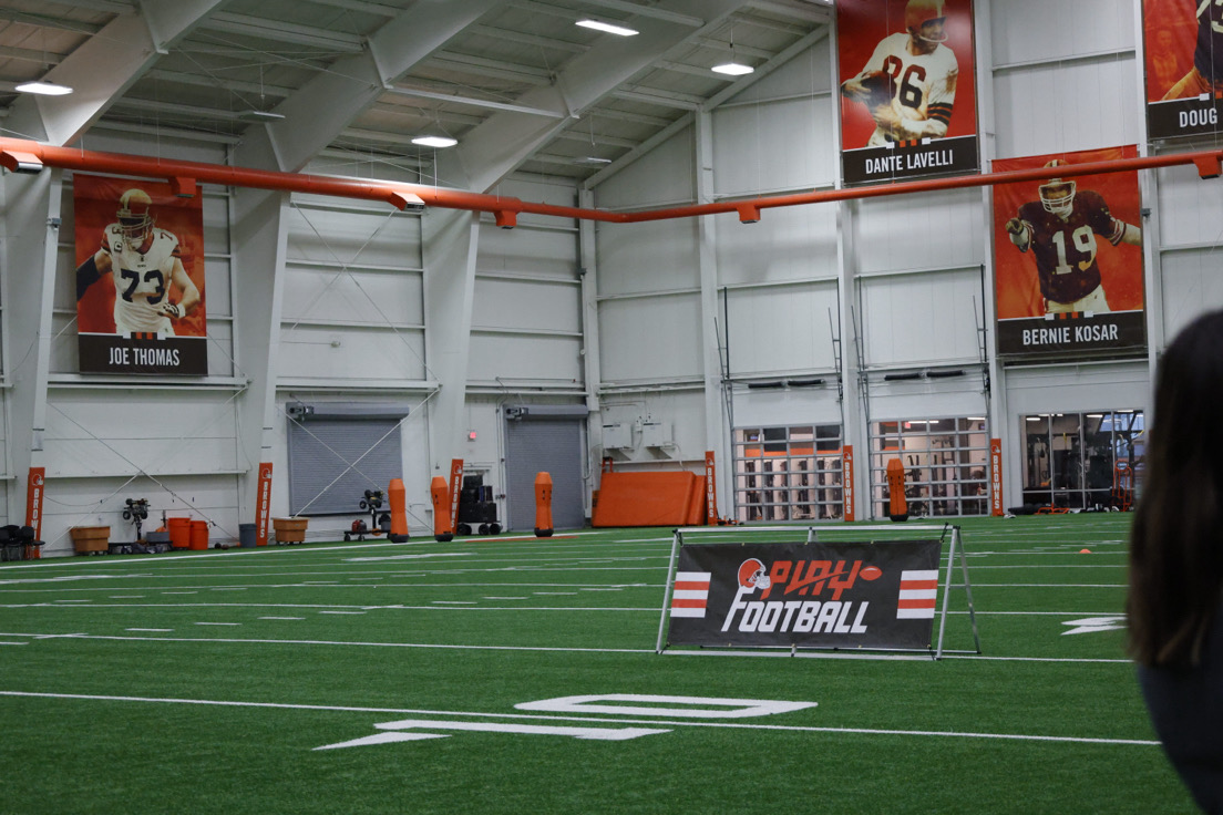 The Browns practice field, where the legend banners hang high in the rafters.