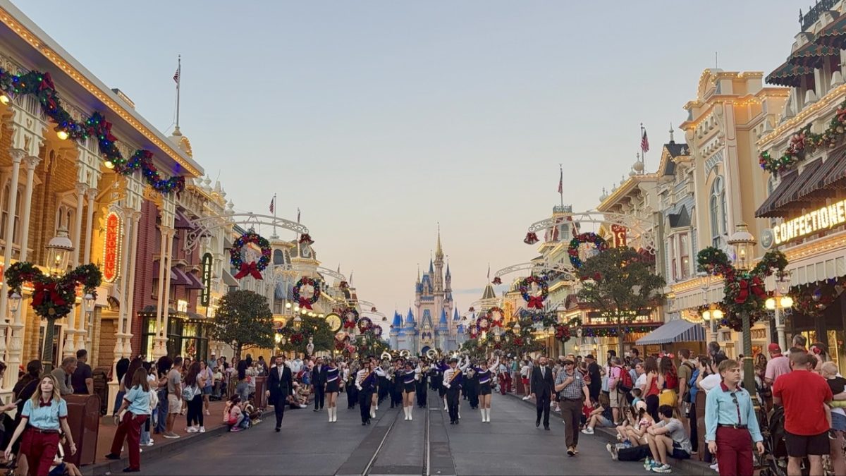 The Lakewood Ranger Marching Band performing down Main Street, U.S.A.