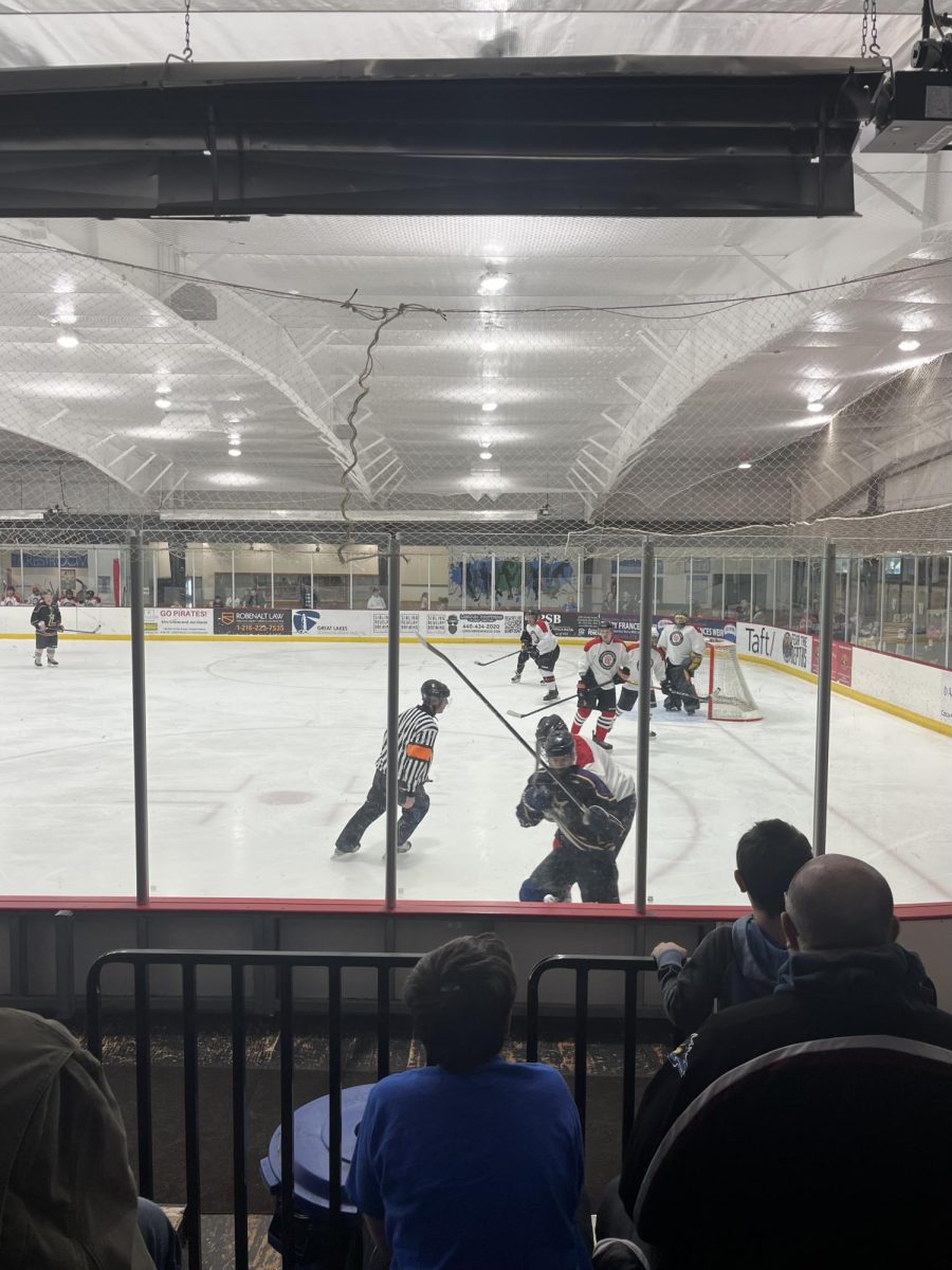 Lakewood firefighters and hockey players on the ice.