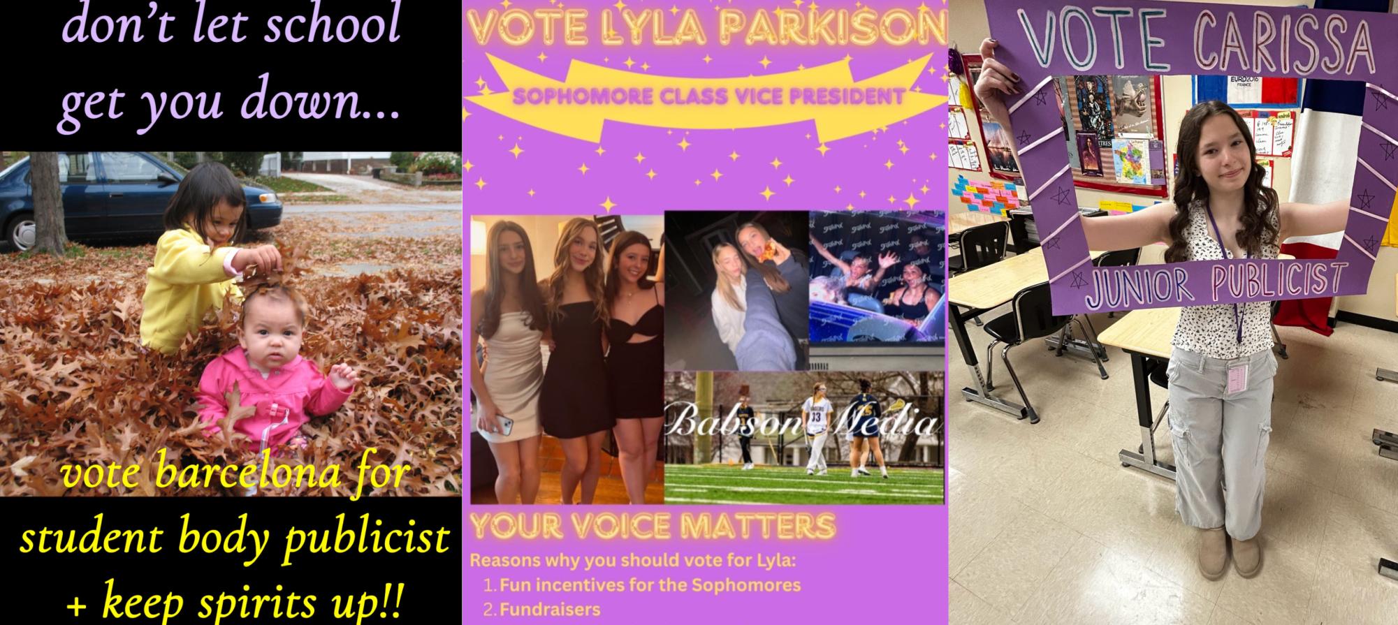 Various posters that were hung in the hallways or passed around last year to promote Student Council candidates.