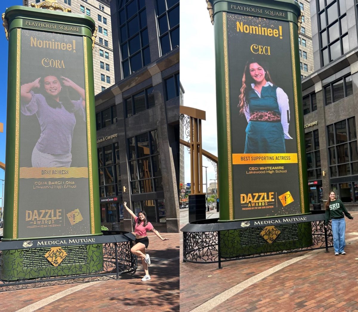 Cora Barcelona and Ceci Whiteamire posing in front of their headshot in Downtown Cleveland.